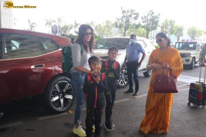 Actress Genelia Deshmukh was spotted at Mumbai Airport with her children Riaan and Rahyl
