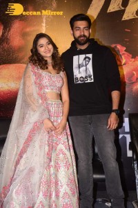 Varun Tej and Saiee Manjrekar attend the trailer launch of the movie Ghani