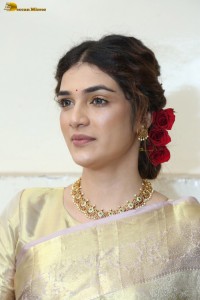 actress Hassini Sudhir in a gold color saree