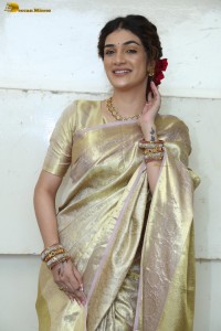 actress Hassini Sudhir in a gold color saree