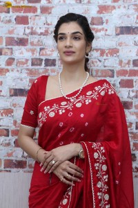 actress Hassini Sudhir glamorous look in a red saree