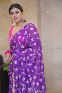 actress Hebah Patel stylish in a pink blouse and purple saree