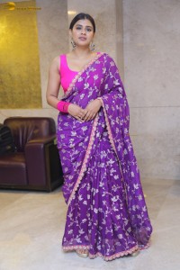 actress Hebah Patel stylish in a pink blouse and purple saree