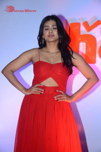 Telugu Actress Hebah Patel at a Movie Event wearing Red Dress