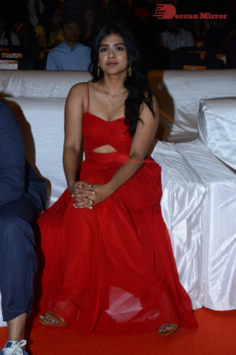 Telugu Actress Hebah Patel at a Movie Event wearing Red Dress