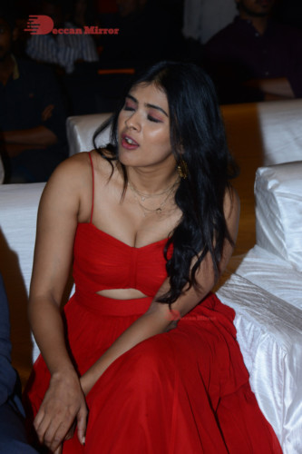 Telugu Actress Hebah Patel at a Movie Event wearing Red Dress