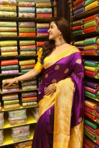actress honey rose in a violet saree while inaugurating a shopping mall