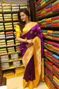 actress honey rose in a violet saree while inaugurating a shopping mall