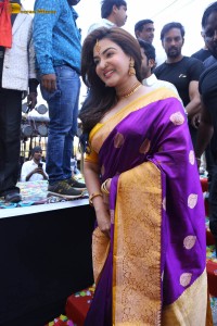 actress honey rose in a violet saree while inaugurating a shopping mall