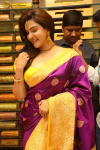 actress honey rose in a violet saree while inaugurating a shopping mall