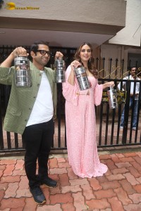Actors Huma Qureshi and Sharib Hashmi spend time with food delivery workers to promote their film Tarla