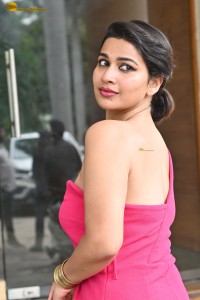 actress Inaya Sultana sexy in a shoulderless pink dress