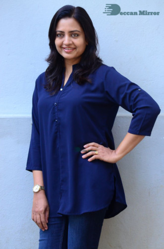 Telugu Actress Indraja Photoshoot in blue shirt and jeans