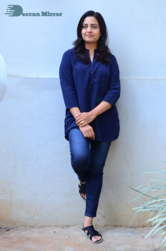 Telugu Actress Indraja Photoshoot in blue shirt and jeans