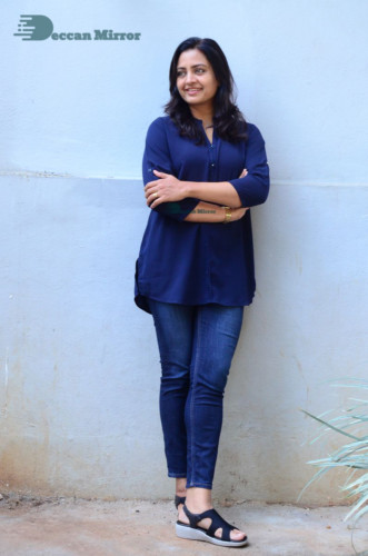 Telugu Actress Indraja Photoshoot in blue shirt and jeans