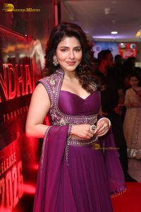 actress Iswarya Menon gorgeous in a pink and purple dress