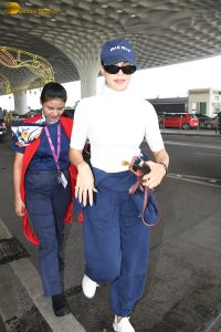 actress Jacqueline Fernandez stylish in white t-shirt at mumbai airport