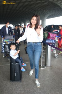 Actress Kajal Aggarwal and her son Neil were spotted traveling from Mumbai Airport