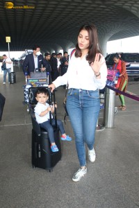 Actress Kajal Aggarwal and her son Neil were spotted traveling from Mumbai Airport