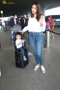 Actress Kajal Aggarwal and her son Neil were spotted traveling from Mumbai Airport