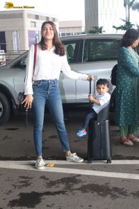 Actress Kajal Aggarwal and her son Neil were spotted traveling from Mumbai Airport