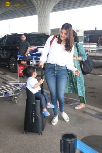 Actress Kajal Aggarwal and her son Neil were spotted traveling from Mumbai Airport