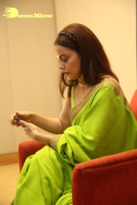 Actress Kangana Ranaut dressed in a green saree as she attends the pre-release function of her upcoming movie Thalaivii