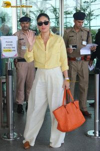 actress Kareena Kapoor stylish in a yellow shirt at mumbai airport