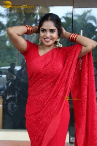 Telugu actress Karunya Chowdary beautiful in a red saree