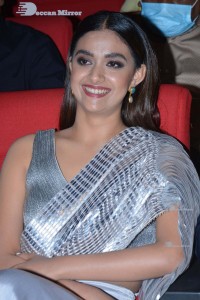 Actress Keerthy Suresh wears a silver saree to attend a movie event