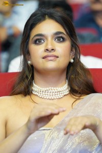 Keerthy Suresh glamorous looks in a sleeveless low neck blouse at a movie function