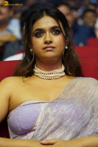 Keerthy Suresh glamorous looks in a sleeveless low neck blouse at a movie function