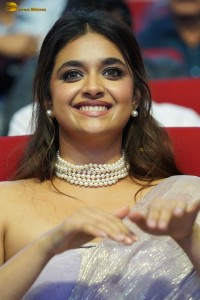 Keerthy Suresh glamorous looks in a sleeveless low neck blouse at a movie function