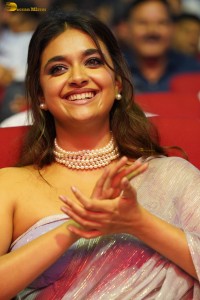Keerthy Suresh glamorous looks in a sleeveless low neck blouse at a movie function