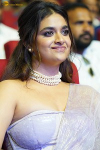 Keerthy Suresh glamorous looks in a sleeveless low neck blouse at a movie function