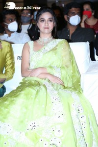 Actress Keerthy Suresh in a green dress attending ‘Good Luck Sakhi’ Pre-Release Event