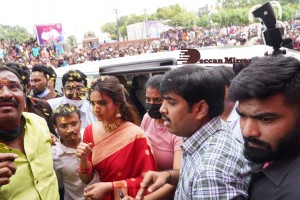 Actress Keerthy Suresh launching CMR Shopping Mall in Mancherial, Telangana.