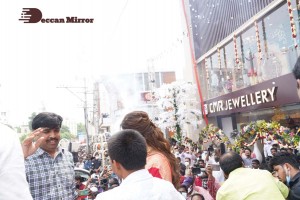 Actress Keerthy Suresh launching CMR Shopping Mall in Mancherial, Telangana.