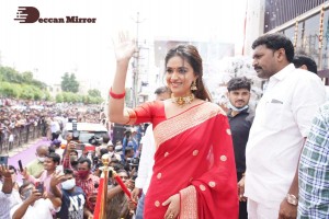 Actress Keerthy Suresh launching CMR Shopping Mall in Mancherial, Telangana.