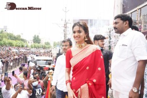 Actress Keerthy Suresh launching CMR Shopping Mall in Mancherial, Telangana.