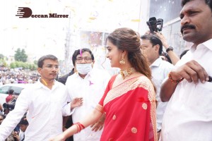 Actress Keerthy Suresh launching CMR Shopping Mall in Mancherial, Telangana.