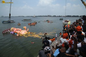 Khairatabad Ganesh Visarjan in Hussain Sagar on September 17, 2024