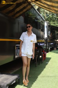 Bollywood actress Kiara Advani in white t-shirt and shorts