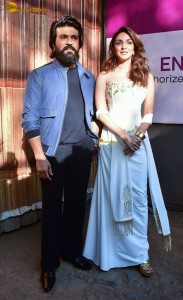 bollywood actress Kiara Advani poses with ram charan tej while promoting their film game changer