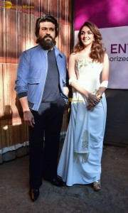 bollywood actress Kiara Advani poses with ram charan tej while promoting their film game changer