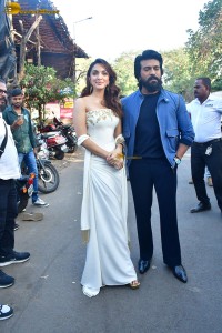 bollywood actress Kiara Advani poses with ram charan tej while promoting their film game changer