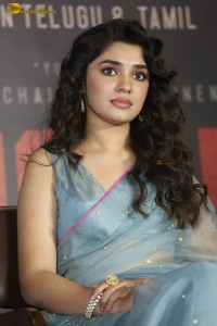 Indian actress krithi shetty beautiful in a blue saree while attending an event