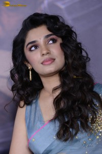 Indian actress krithi shetty beautiful in a blue saree while attending an event