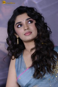 Indian actress krithi shetty beautiful in a blue saree while attending an event