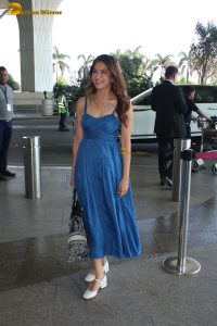 telugu actress Kriti Kharbanda cute in a blue dress at mumbai airport